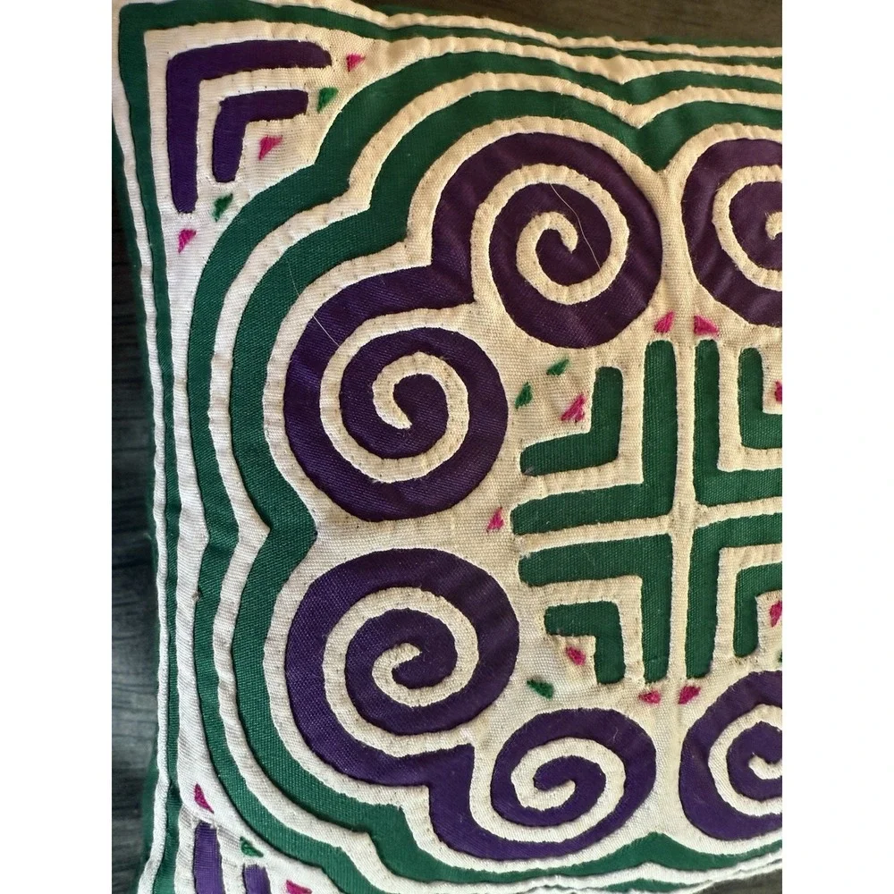 VTG Quilted Pillow Embroidered Purple & Green Hand Made Folk Art holiday 6x6